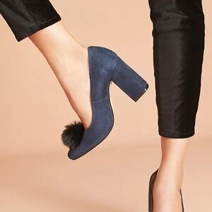 Anthropologie Faux Fur Pom Pom Heels - Navy (New)